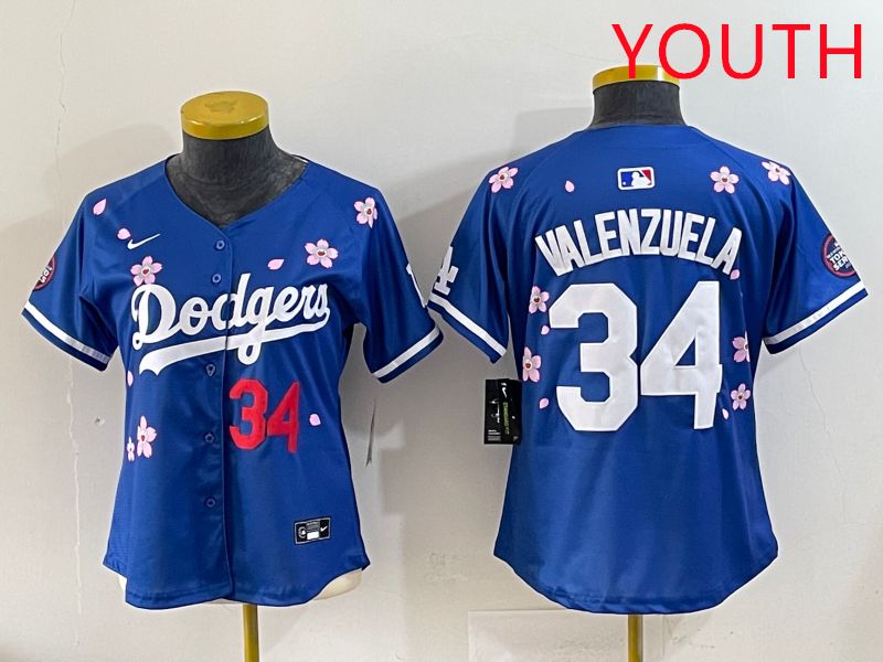 Youth Los Angeles Dodgers #34 Valenzuela Blue Sakura Edition 2025 Nike MLB Jersey style 34